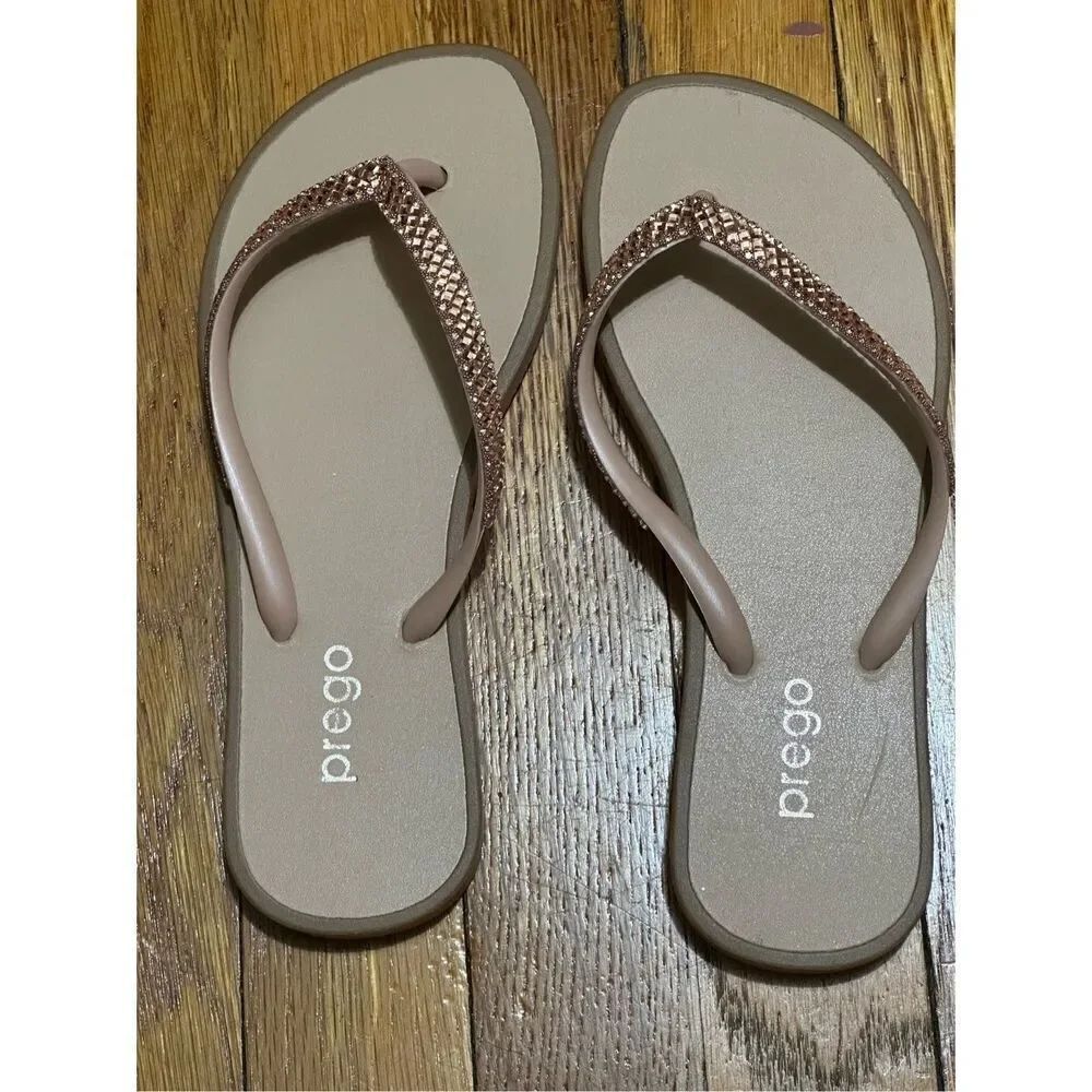 Prego tan Rhinestonesl Flip Flops Beach  Size 6-61/2 A813